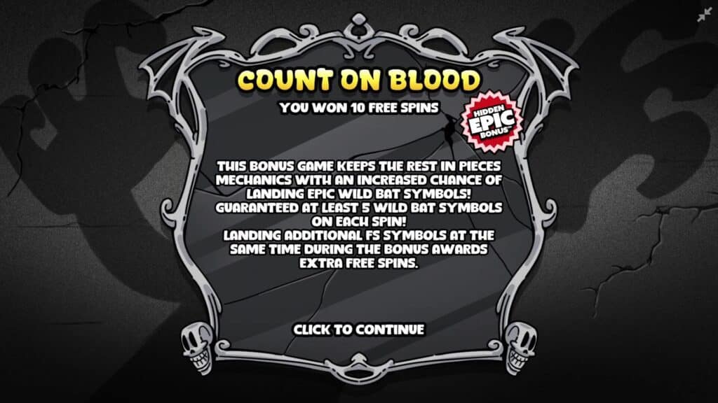 The Count on Blood Hidden Epic Bonus notification screen in ornate gothic frame with skull decorations, explaining the bonus features and guaranteed 5 Wild Bat symbols per spin
