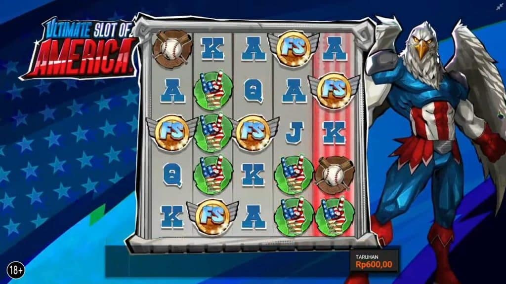Ultimate Slot of America base game showing multiple FS scatter symbols among patriotic-themed symbols including American flags, baseballs, and eagles