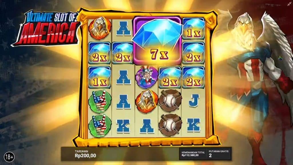 Ultimate Slot of America Hidden Epic Bonus gameplay showing multiple Liberty Gems with multipliers (1x, 2x, 7x) scattered across the patriotic-themed reels with an eagle mascot