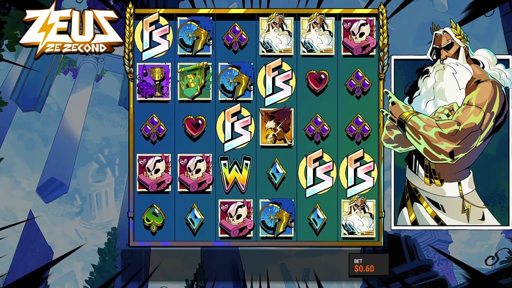 Zeus Ze Zecond base game showing multiple FS scatter symbols across the 6×5 grid with a Wild symbol and Greek mythology-themed symbols, with the Zeus character on the right