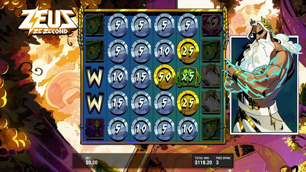 Gameplay during Zeus Ze Zecond's ZEUS UNLEASHED Hidden Epic Bonus showing the grid filled with Coin symbols (5x–50x values), a Wild reel, and a green x5 Clover multiplier, with a total win of $118.20 and 3 free spins remaining