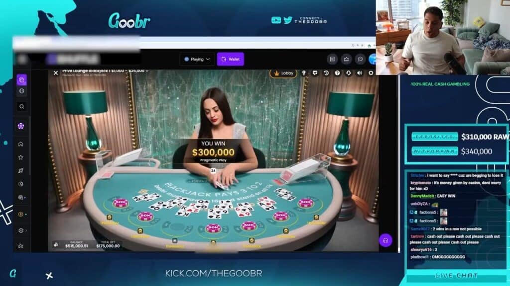 TheGoober winning $300,000 on Pragmatic Play Blackjack during a Kick livestream, showing the game interface with winning hand and his reaction webcam