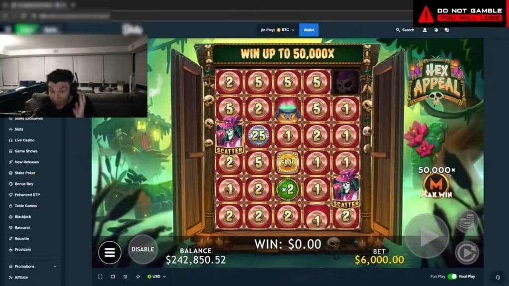Trainwrecks during the $37.5 million Hex Appeal win showing the Ghost Feature grid filled with coin values, multipliers, a 5000x coin, and scatter symbols with "WIN UP TO 50,000X" banner