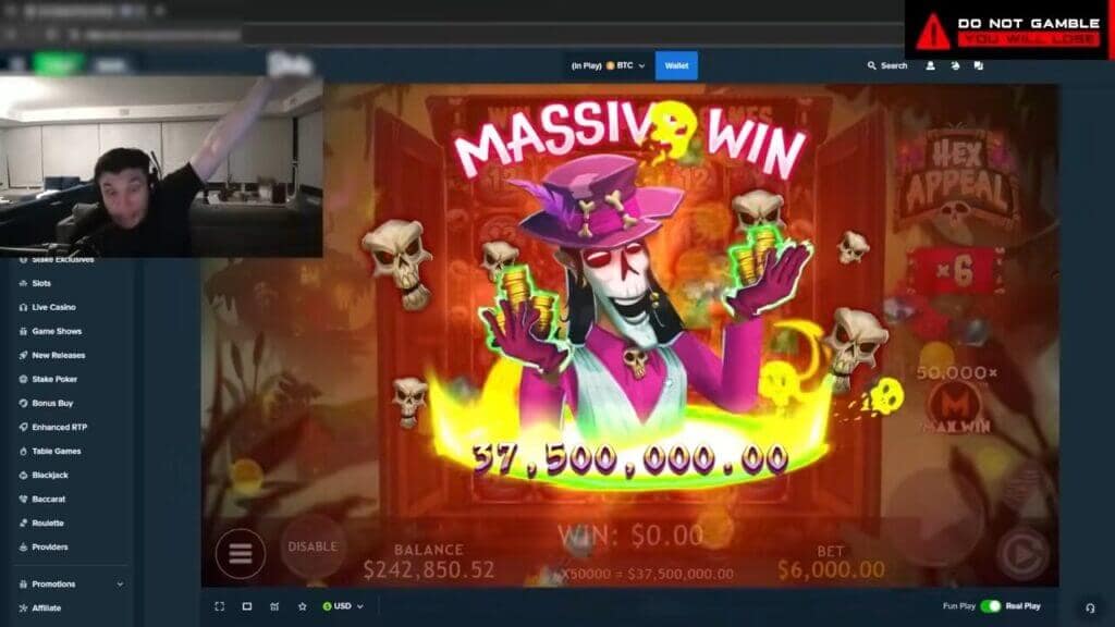 Trainwrecks' shocked reaction to winning $37,500,000 on Hex Appeal with the massive win celebration screen showing the witch character surrounded by skulls and coins with X50000 multiplier displayed