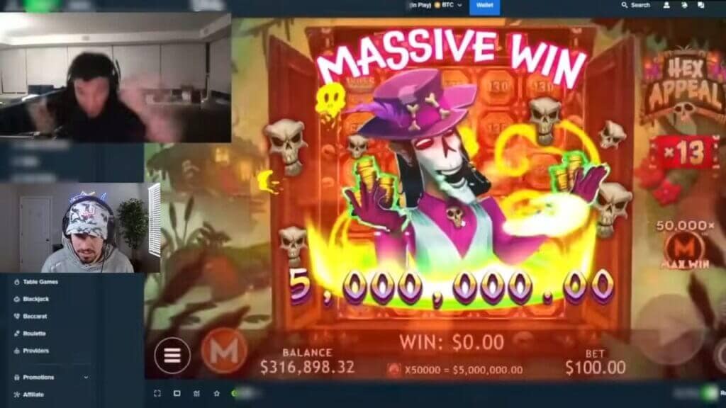 Trainwrecks reacting to a $5 million win on Hex Appeal slot showing massive win animation with witch character and 50,000x multiplier