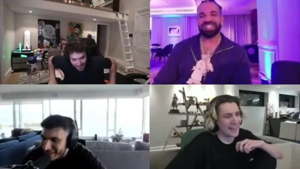 Split screen view of Drake and other streamers during their final gambling session on Kick platform