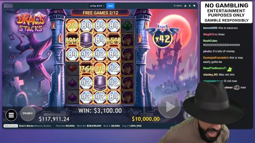 Roshtein's Drac's Stacks screen showing three collector symbols with values 8946x, 4578x, and 1764x