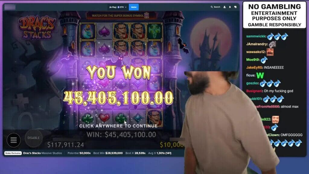 Roshtein looking away from camera as Drac's Stacks displays "YOU WON 45,405,100.00" victory screen, with chat reactions including "almost max" and "OMFGGGGGG"