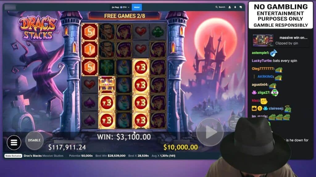 Roshtein playing Drac's Stacks slot during free spins showing multiple x3 multiplier symbols on the reels with a x18 total multiplier displayed and $3,100 win counter