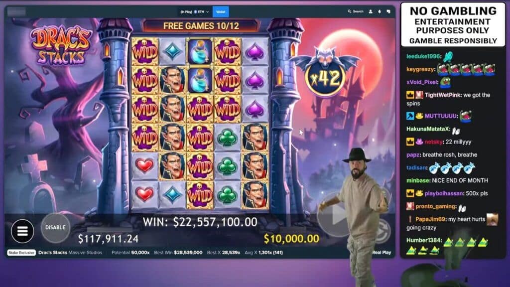 Roshtein's Drac's Stacks showing multiple Wild symbols on reels 1-3 connecting with Dracula symbols, win counter at $22,557,100, during free spin 10 of 12 with x42 multiplier