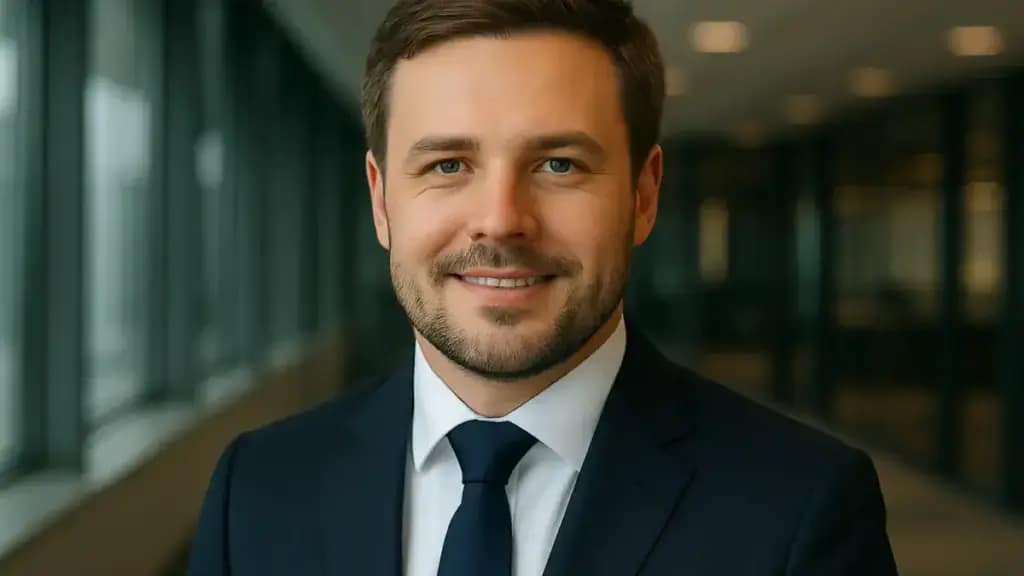 Professional headshot allegedly of Andres Markou, MyStake casino CEO, showing characteristics commonly associated with AI-generated imagery