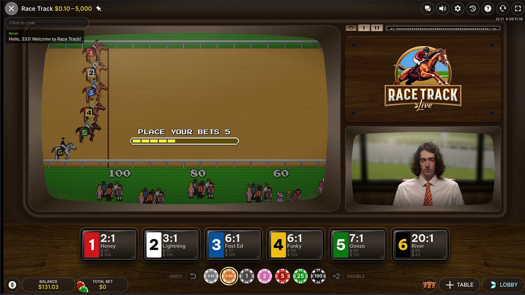 Race Track Live by Evolution showing the betting interface with six horse runners in lanes, odds displayed from 2:1 to 20:1, and the Place Your Bets countdown timer active