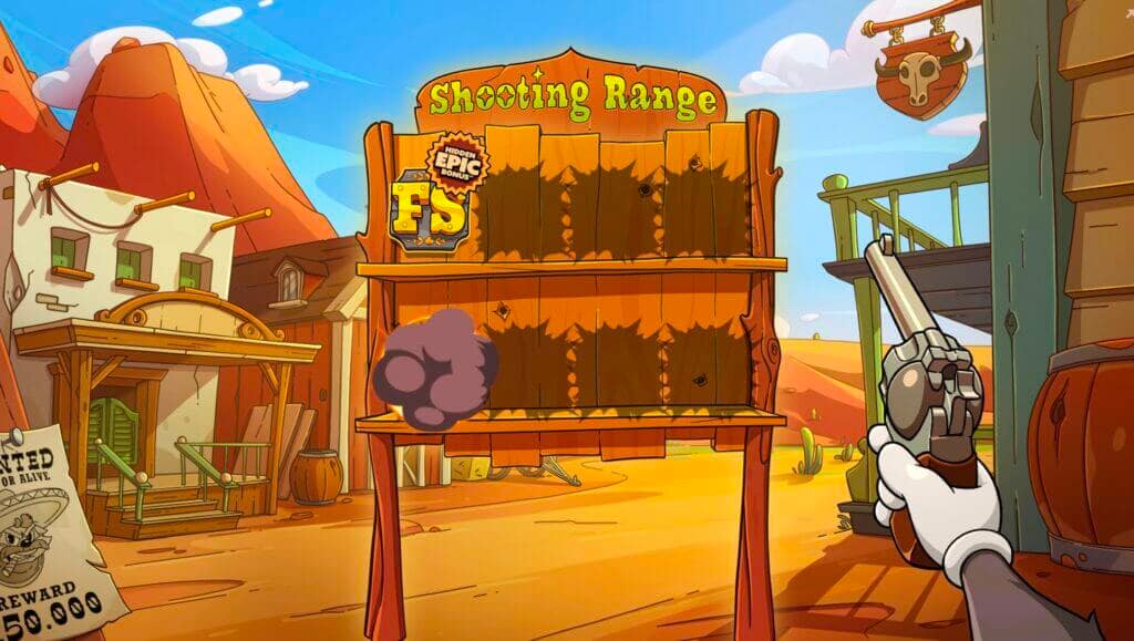 Le Cowboy bonus gamble feature showing a shooting range setup in a Western town with an FS scatter symbol on a wooden target board and Smokey Le Cowboy's gun visible in the corner