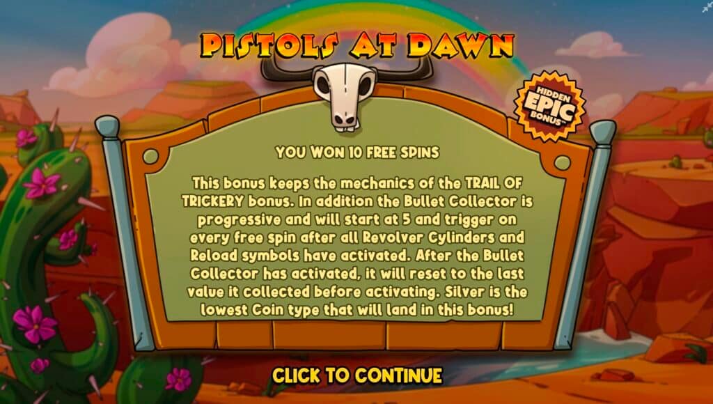 PISTOLS AT DAWN Hidden Epic Bonus notification screen with cow skull logo and Hidden Epic Bonus badge, explaining the progressive Bullet Collector mechanics and Silver Coins as minimum value