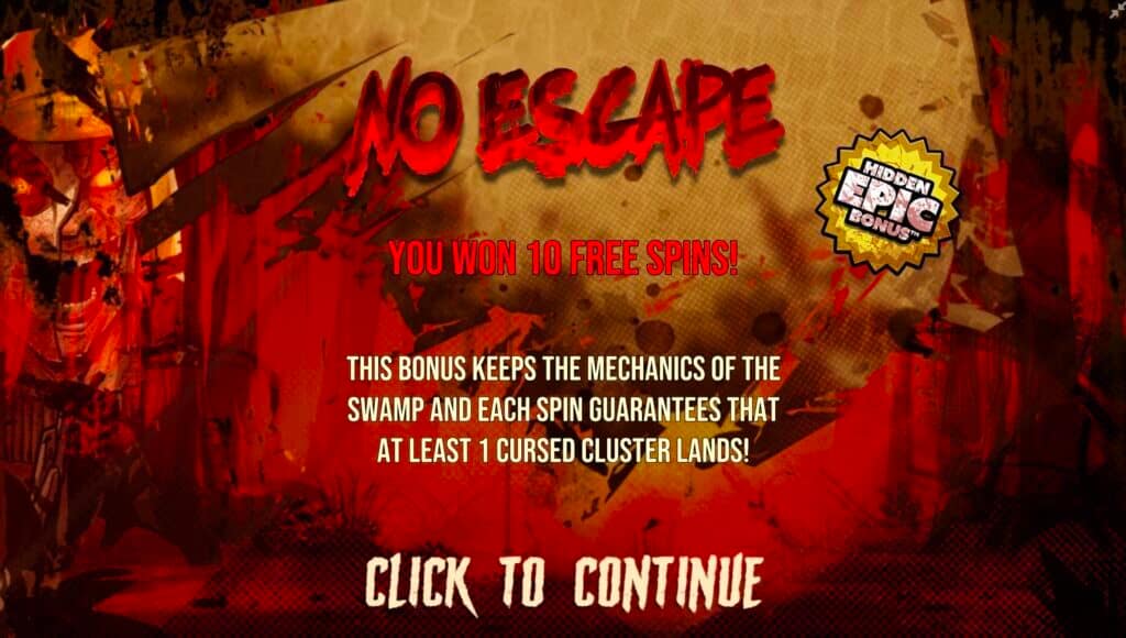 NO ESCAPE Hidden Epic Bonus trigger screen in The Wildwood Curse showing bloodied text and Hidden Epic Bonus badge, explaining the feature mechanics