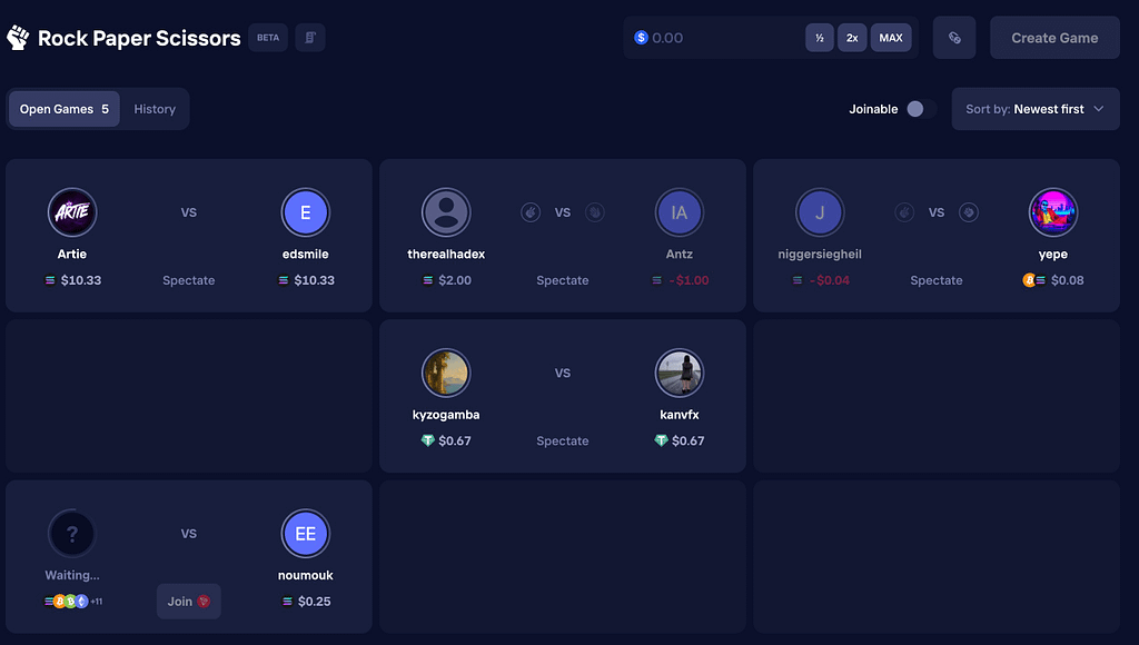 Duel Casino Rock Paper Scissors lobby showing 5 open games with players including Artie vs edsmile ($10.33 each), therealhadex vs Antz, niggersiegheil vs yepe, kyzogamba vs kanvfx ($0.67 each), and noumouk waiting for an opponent with a $0.25 wager and multi-currency support