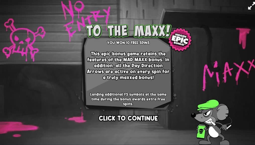 Notification showing the Hidden Epic Bonus 'TO THE MAXX!' with game features explanation