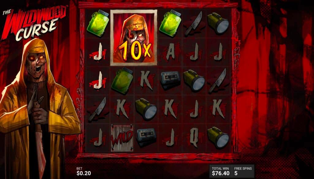 The Wildwood Curse NO ESCAPE bonus round showing The Psycho Cursed Cluster with a 10x multiplier on the grid during gameplay with $76.40 total win