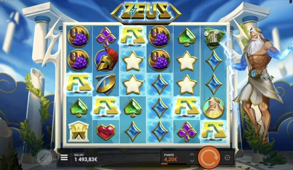 Ze Zeus slot base game showing multiple FS scatter symbols on the grid with Greek mythology-themed symbols and Zeus character