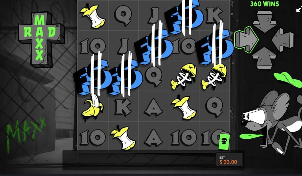 Rad Maxx gameplay showing multiple FS scatter symbols on the reels with 360 WINS directional arrows