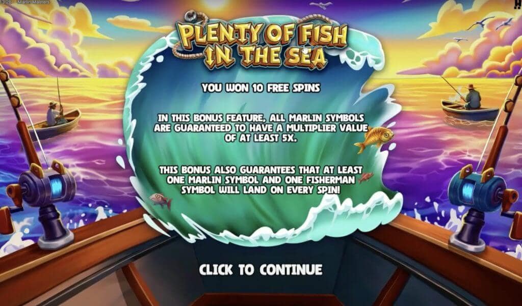 Notification screen for 'Plenty of Fish in the Sea' Hidden Epic Bonus in Marlin Masters showing feature details and ocean sunset background