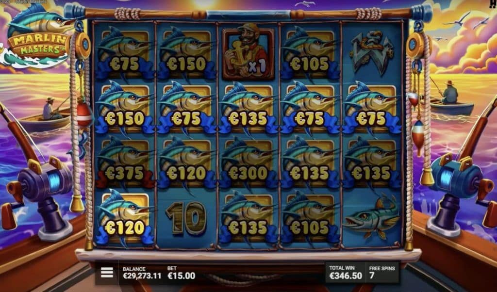 Marlin Masters Hidden Epic Bonus gameplay showing numerous marlin symbols with high cash values and a fisherman collector