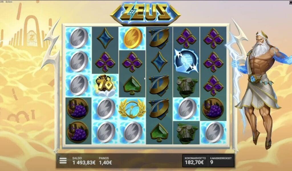 Ze Zeus gameplay during bonus feature showing multiple highlighted Divine Squares, silver and gold coin symbols, and a lightning bolt with Zeus character