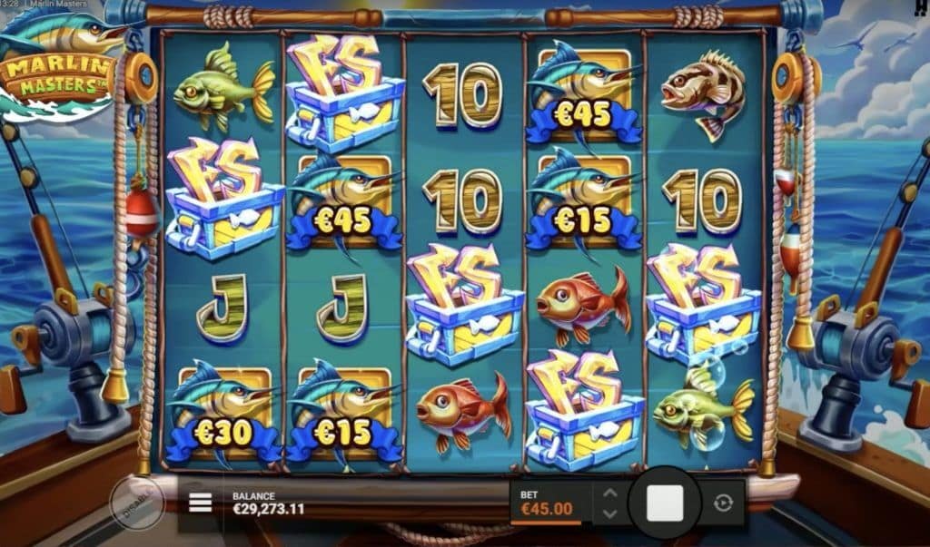 Marlin Masters slot base game showing multiple FS scatter symbols and marlin symbols with cash values