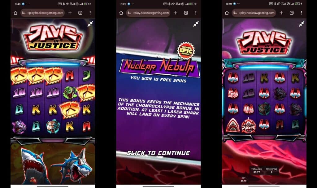 Jaws of Justice NUCLEAR NEBULA Hidden Epic Bonus sequence showing the five FS scatter trigger, the bonus notification screen confirming 10 free spins with at least 1 Laser Shark guaranteed every spin, and bonus gameplay with Wild Multipliers active across the grid