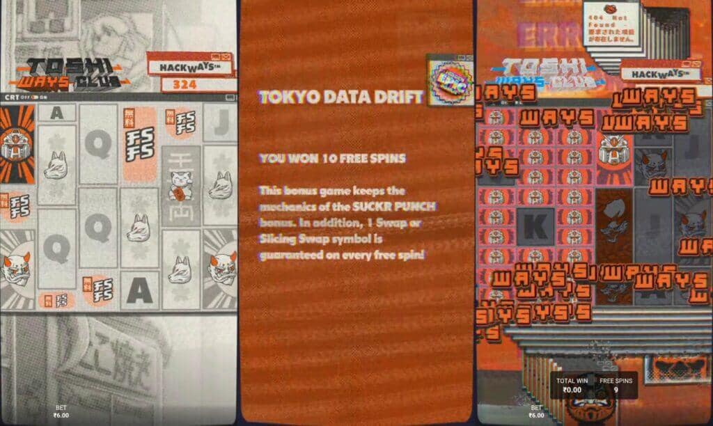 Toshi Ways Club TOKYO DATA DRIFT Hidden Epic Bonus sequence showing the five FS scatter trigger with 324 Hackways active, the bonus notification confirming 10 free spins with a guaranteed Swap or Slicing Swap symbol every spin, and bonus gameplay showing the grid flooded with mech symbols across expanded Ways