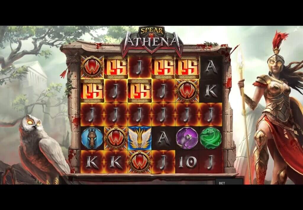 Spear of Athena base game displaying five FS scatter symbols needed to trigger the ATHENA ASCENDS Hidden Epic Bonus