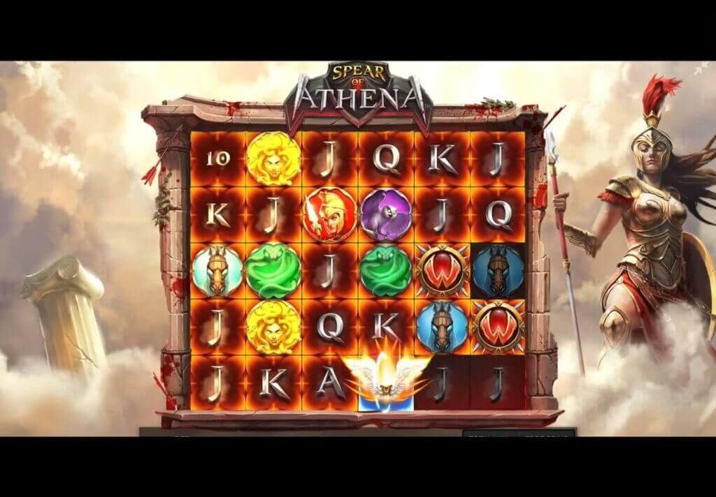 Gameplay during Spear of Athena's ATHENA ASCENDS Hidden Epic Bonus showing the Fortune symbol activating Flaming Frames across the grid with high-value symbols