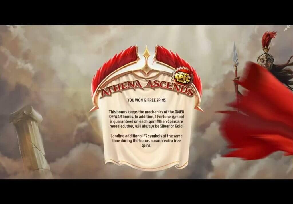 The ATHENA ASCENDS Hidden Epic Bonus notification screen reveals that 1 Fortune symbol is guaranteed on each spin and all revealed Coins will be Silver or Gold