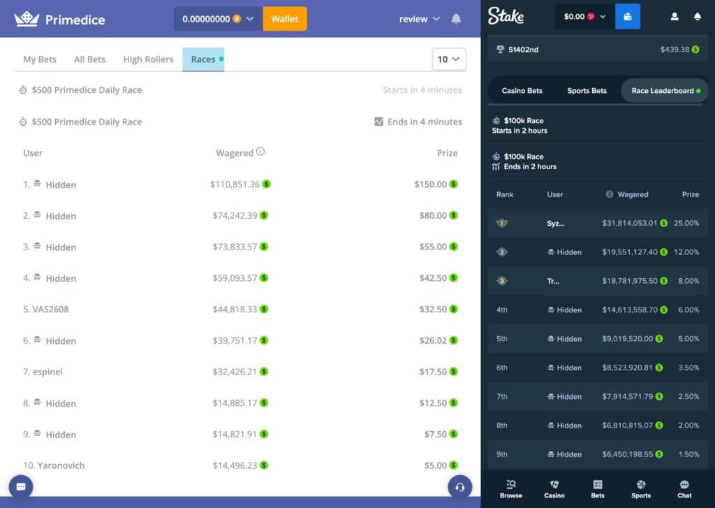 Side by side comparison of Primedice $500 daily race versus Stake $100k race showing massive wagering volume differences between platforms