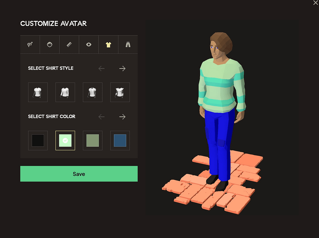 Castle.com avatar customization screen showing shirt style and color selection options with a low-poly 3D male character preview wearing a striped mint green top and blue trousers