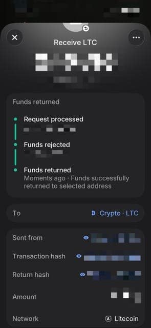 Revolut app screen showing an LTC deposit marked as "Funds returned," with status steps for Request processed, Funds rejected, and Funds returned to the selected address