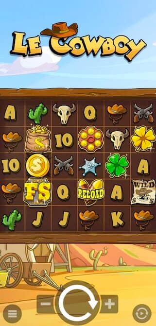 Le Cowboy slot game mobile screenshot showing 6x5 grid with cluster pays mechanics, Western-themed symbols including cowboy hats, bull skulls, and revolver features