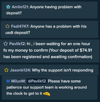 Screenshot of Stake Casino chat showing multiple users reporting deposit problems. Amilo121 and Fadi4747 ask about deposit issues, Pavlik12 reports waiting an hour for $74.91 deposit confirmation, JasonK124 questions why support isn't responding, and MilunM (moderator) asks for patience as they work around the clock