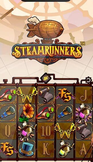 Steamrunners slot game mobile screenshot showing 5x5 grid with steampunk symbols including gas canisters, mechanical tools, and Victorian-themed icons by Hacksaw Gaming
