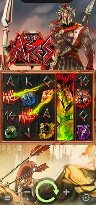 Army of Ares slot game screenshot showing 5x4 grid with Ares Reels wild mechanic, featuring war god character, Greek mythology symbols, and battlefield theme by Hacksaw Gaming