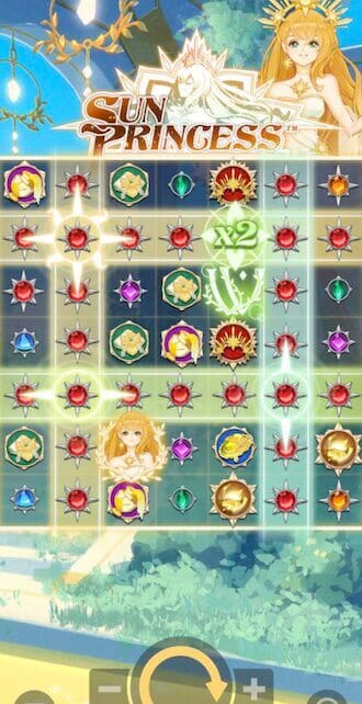 Sun Princess slot game mobile screenshot showing 7x7 grid with cluster pays mechanics, chain reaction features, gem symbols, and anime-style Sun Princess character beside phone
