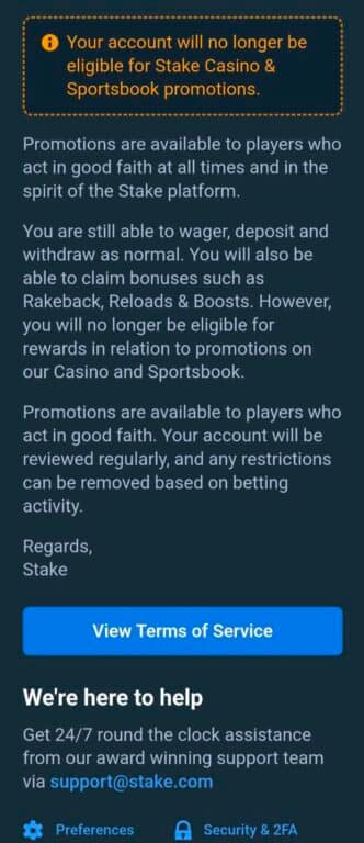 Stake email notification showing account is no longer eligible for casino and sportsbook promotions due to not acting in good faith, with explanation of remaining account privileges