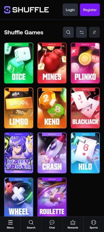 Shuffle Casino mobile app showing grid of exclusive original games including Dice, Mines, Plinko, Limbo, Keno, Blackjack, Waifu Tower, Crash, HiLo, Wheel, and Roulette with colorful game thumbnails