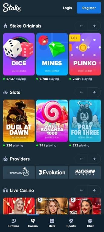 Stake Casino games available for XRP players including exclusive Stake Originals like Dice, Mines, and Plinko with live player counts, popular slots like Duel at Dawn, Sweet Bonanza 1000, and Pray for Three from top providers Pragmatic Play, Evolution Gaming, and Hacksaw Gaming, plus live casino games