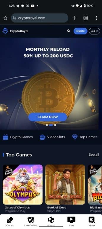 CryptoRoyal Casino mobile homepage showing monthly reload bonus of 50% up to 200 USDC with Bitcoin graphic, navigation menu featuring crypto games, video slots, and top games including Gates of Olympus and Book of Dead