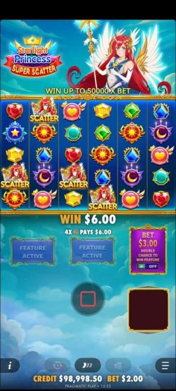 Starlight Princess Super Scatter slot gameplay showing 6x5 grid with colorful gem symbols, scatter symbols, and the princess character, displaying a $6.00 win with 4x multiplier