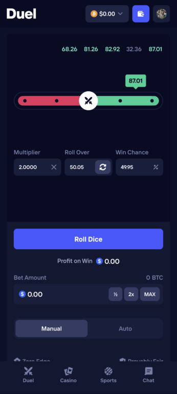 Duel casino dice game interface showing slider at 50.05 roll over with 2x multiplier and 49.95% win chance