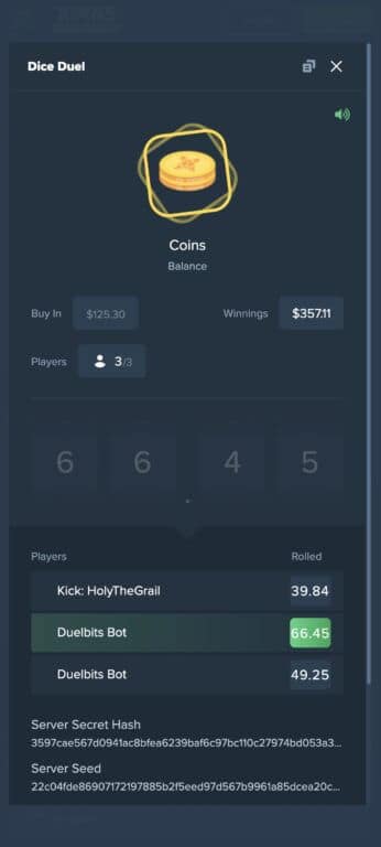 Duelbits Dice Duel interface showing PVP dice competition with 3 players, $125.30 buy-in, $357.11 prize pool, and dice roll results displayed