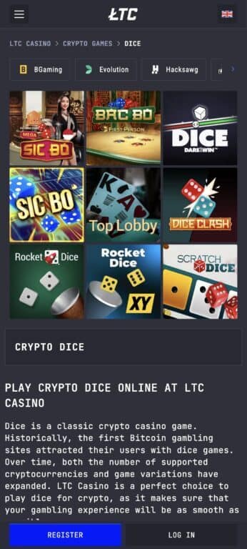 LTC Casino dice games section showing multiple dice game variants including Sic Bo, Bac Bo, Dice Dare Win, and Rocket Dice