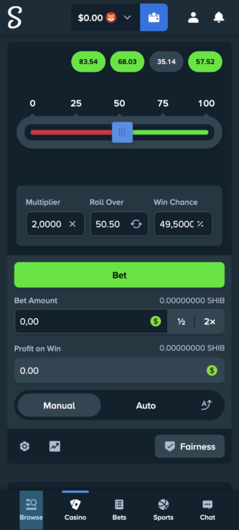Stake casino dice game interface showing slider positioned at 50.50 with 2x multiplier and 49.50% win chance